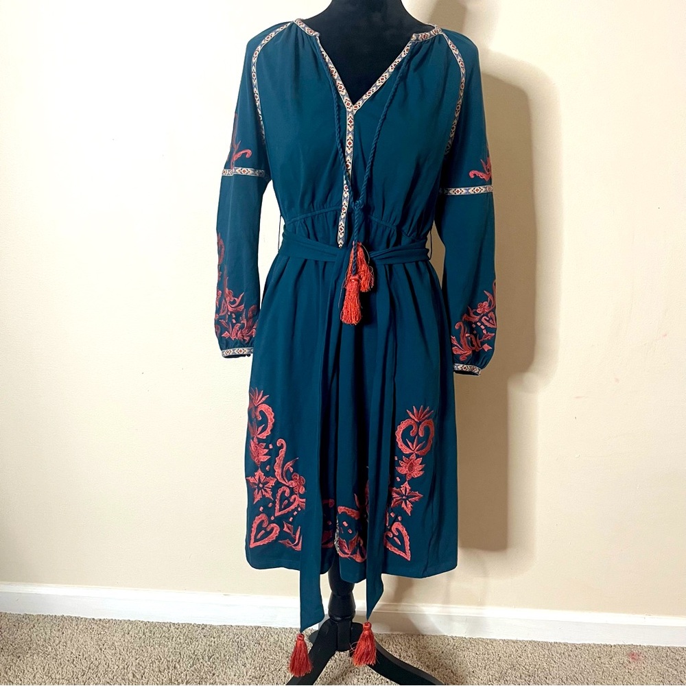 Bohemian Embroidered Teal Midi Dress